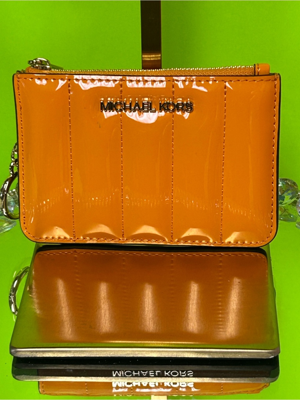 Michael Kors Orange Patent Zip Card Holder Approx. 5 x 3.5